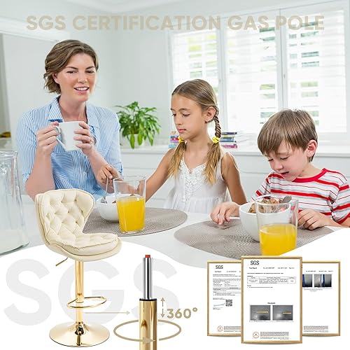 Miniatura 16 de SLEERWAY Juego de 2 taburetes de bar giratorios modernos, sillas de bar de terciopelo para mostrador de cocina, taburetes de bar dorados, taburetes