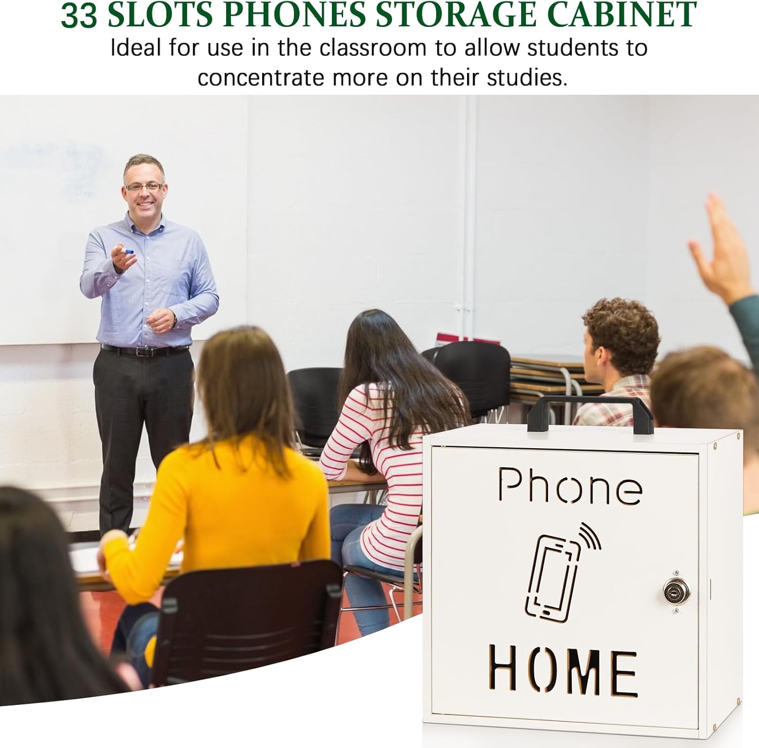 Echaprey Cell Phone Holder Classroom Adjustable 33 Slots Pocket Chart Wooden Cell Phone Storage Cabinet with Handle and Lock Desktop Cell Phone Holder for Classroom Office (White)