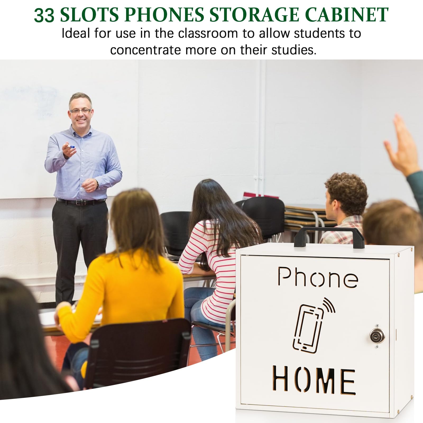 Echaprey Soporte para teléfono celular ajustable con 33 ranuras para el aula, gabinete de almacenamiento de madera para teléfono celular con asa y cerradura, soporte para teléfono celular de