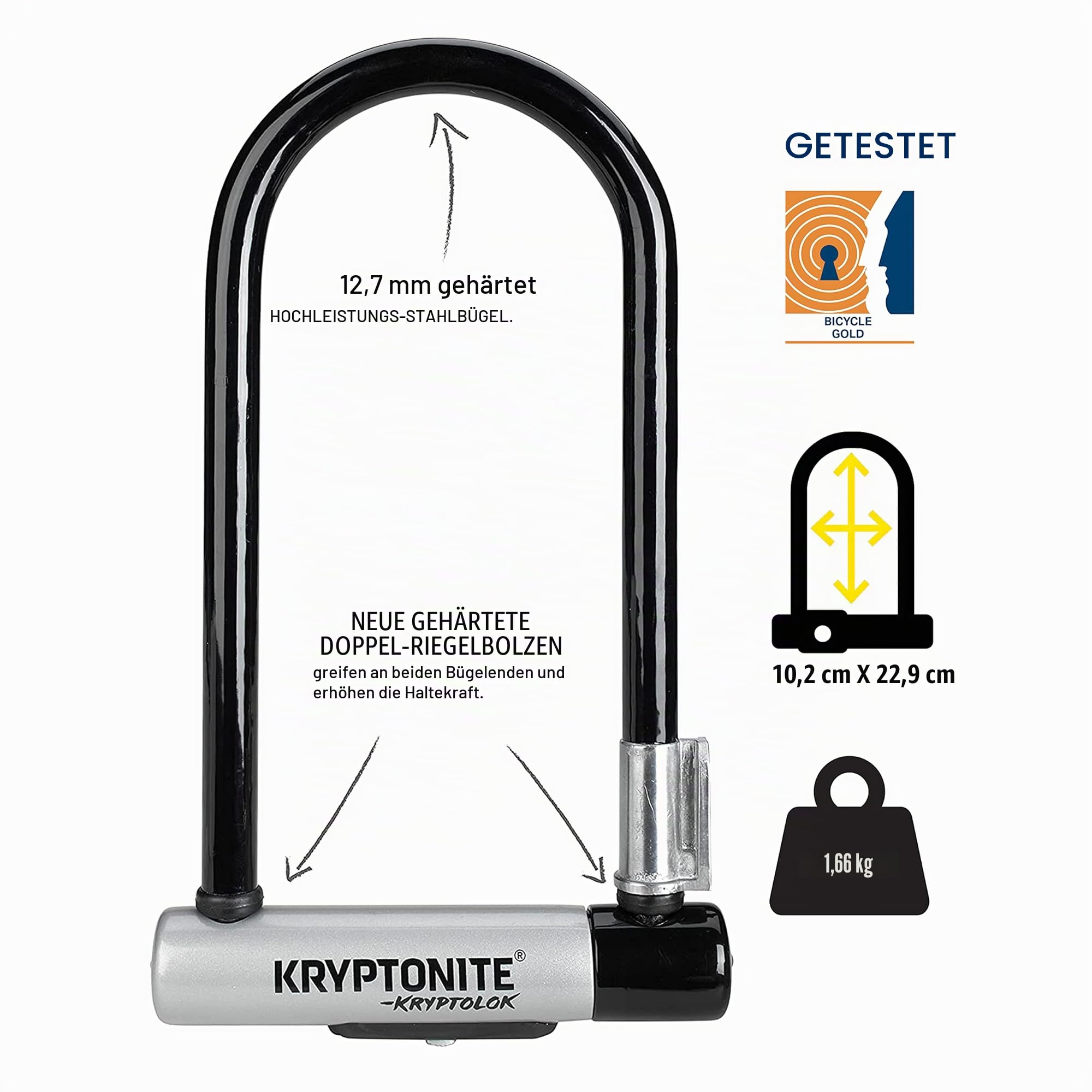 Kryptonite Kryptolock Standard Bügelschloss aus gehärtetem Stahl mit flexiblem Kabel und Flexframe-Halterung, Sicherheitslevel 6/10, für Fahrräder, E-Bikes & Scooter, 1,66 kg, 10,2 x 22,9 cm