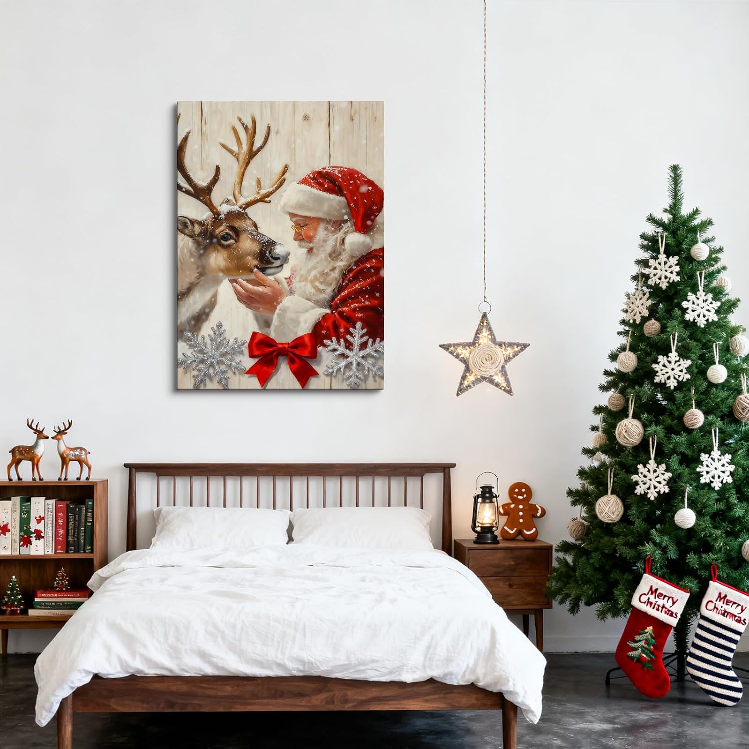 Vintage Santa Reindeer Framed Christmas Canvas Wall Art, Snowy Winter Classic Santa Scene Picture Farmhouse Holiday Wall Art 12x16 Artwork for Living Room Bedroom
