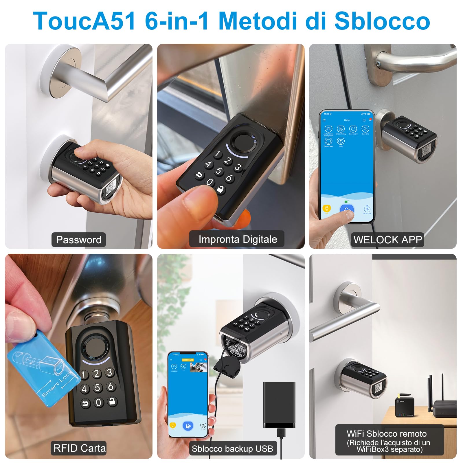 WELOCK ToucA51 Serratura Smart,Serratura Impronta Digitale,con Password,Carta RFID,Bluetooth APP e WiFi,serratura elettronica impermeabile IP65,Smart Lock Facile Installazione,Serratura Porta Blindata