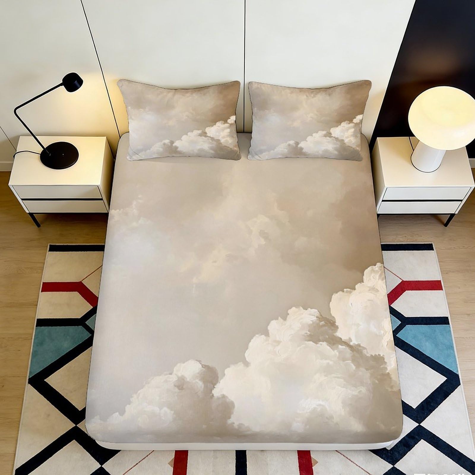 3D Printed Cloud Sky Fitted Sheet Microfiber Soft Breathable Beige Cloudscape Bed Sheet for Bedroom Guest Room Decor 90x200x25cm