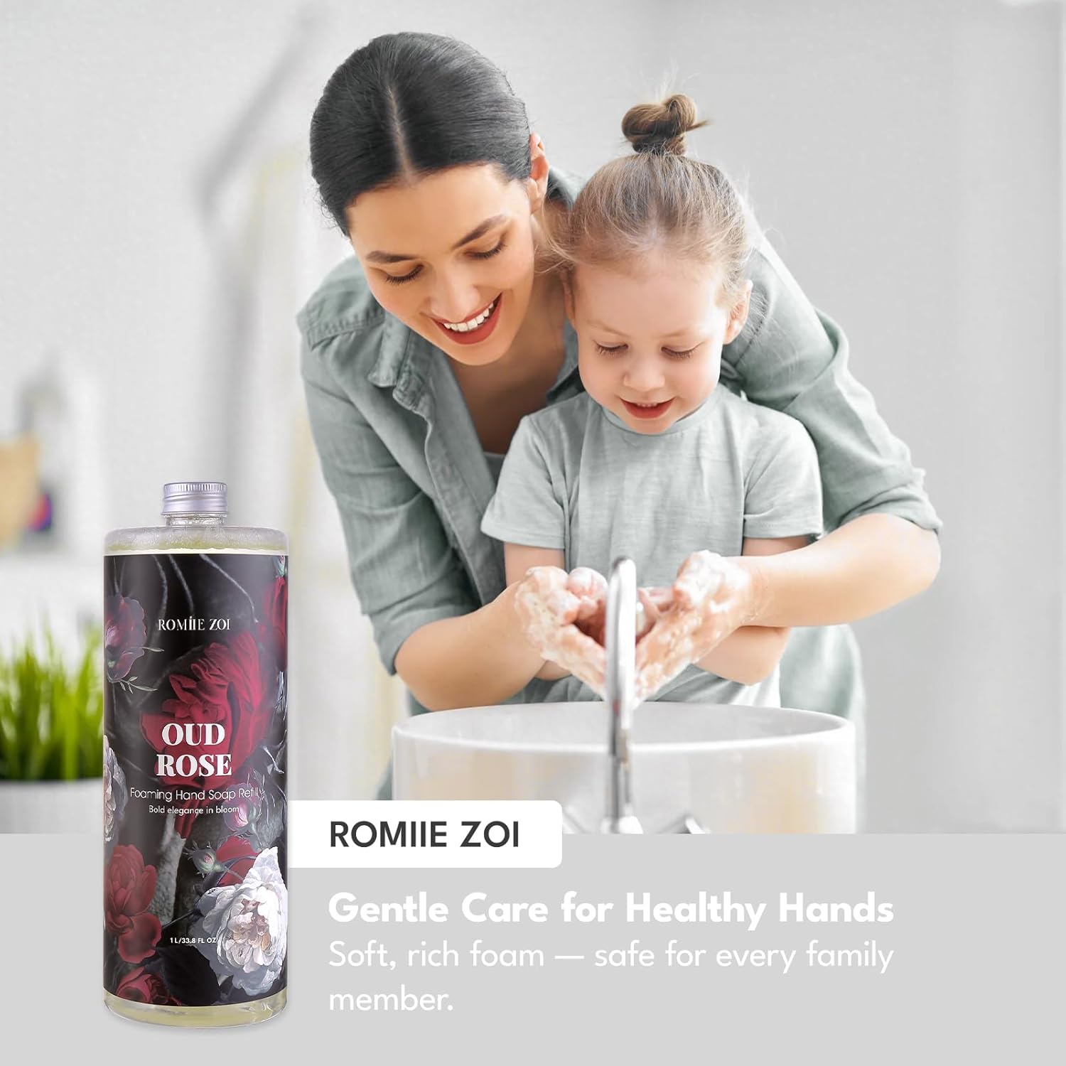 ROMIIE ZOI Foaming Hand Soap Refill Gift Set – 3 Pack (1000ML Each) with Dispenser – Ebony Rose Scent – Gentle & Moisturizing Plant-Based Formula – Bulk Refill Bottles for Bathroom & Kitchen Use