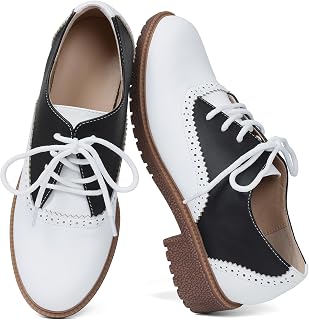 Mikarka Women's Vintage Perforated Wingtips Brogue Oxford Shoes - Low Chunky Heel Lace-Up Saddle Oxfords