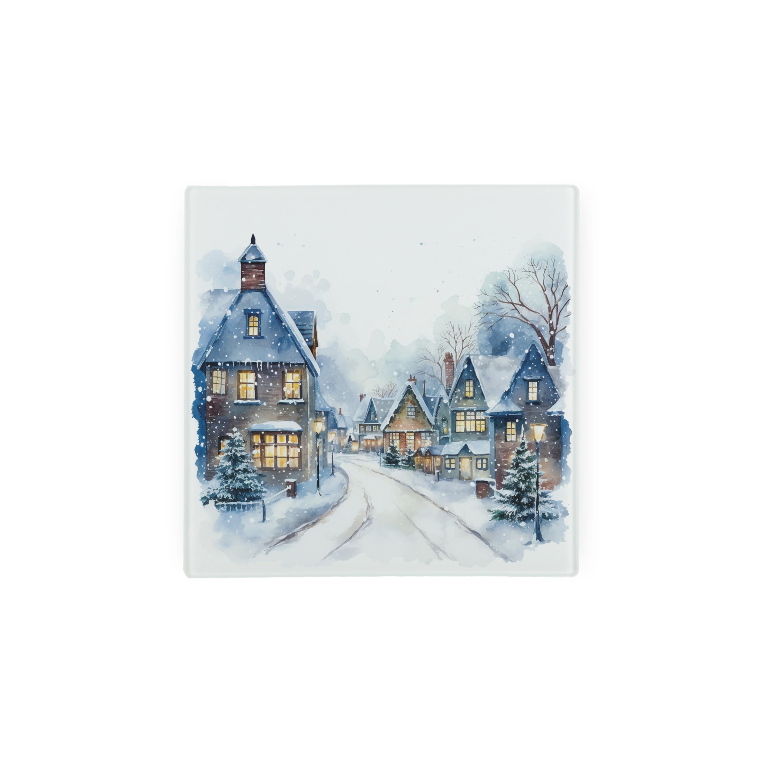 Christmas Town Glass Hot Pot Stand - Daytime Festive Xmas Gift Trivet - Kitchen Chopping/Cutting Board Worktop Protector with Non-Slip Feet 20cm x 20cm (8" x 8")