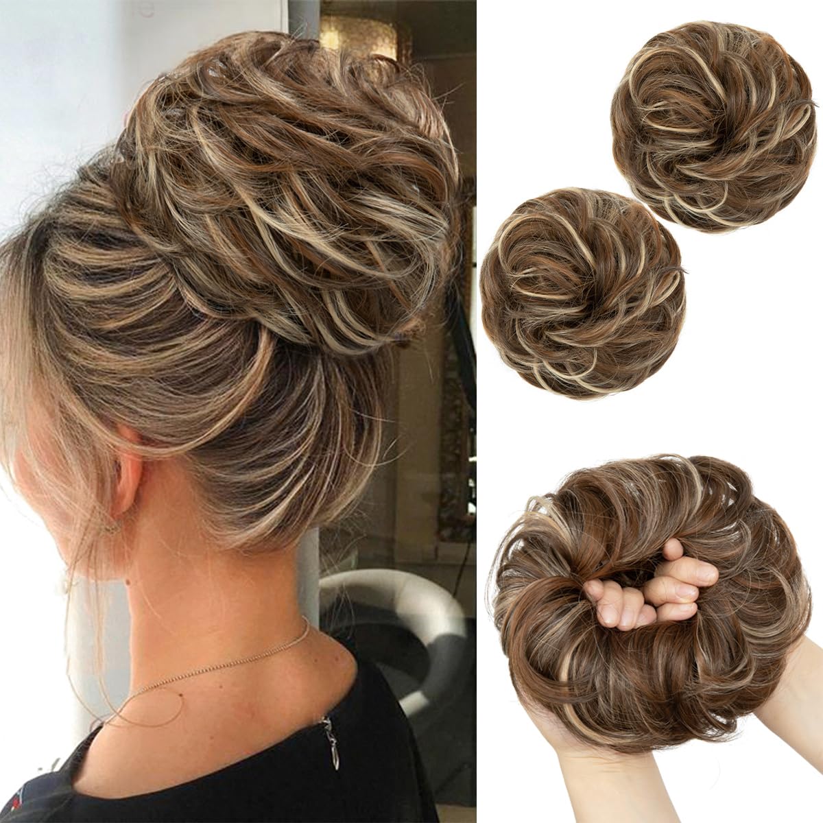 SARLA 2PCS Messy Hair Bun Hair Pieces Wavy Curly Synthetic Updo Fake Scrunchies Ponytail Extension for Women Nut Multi