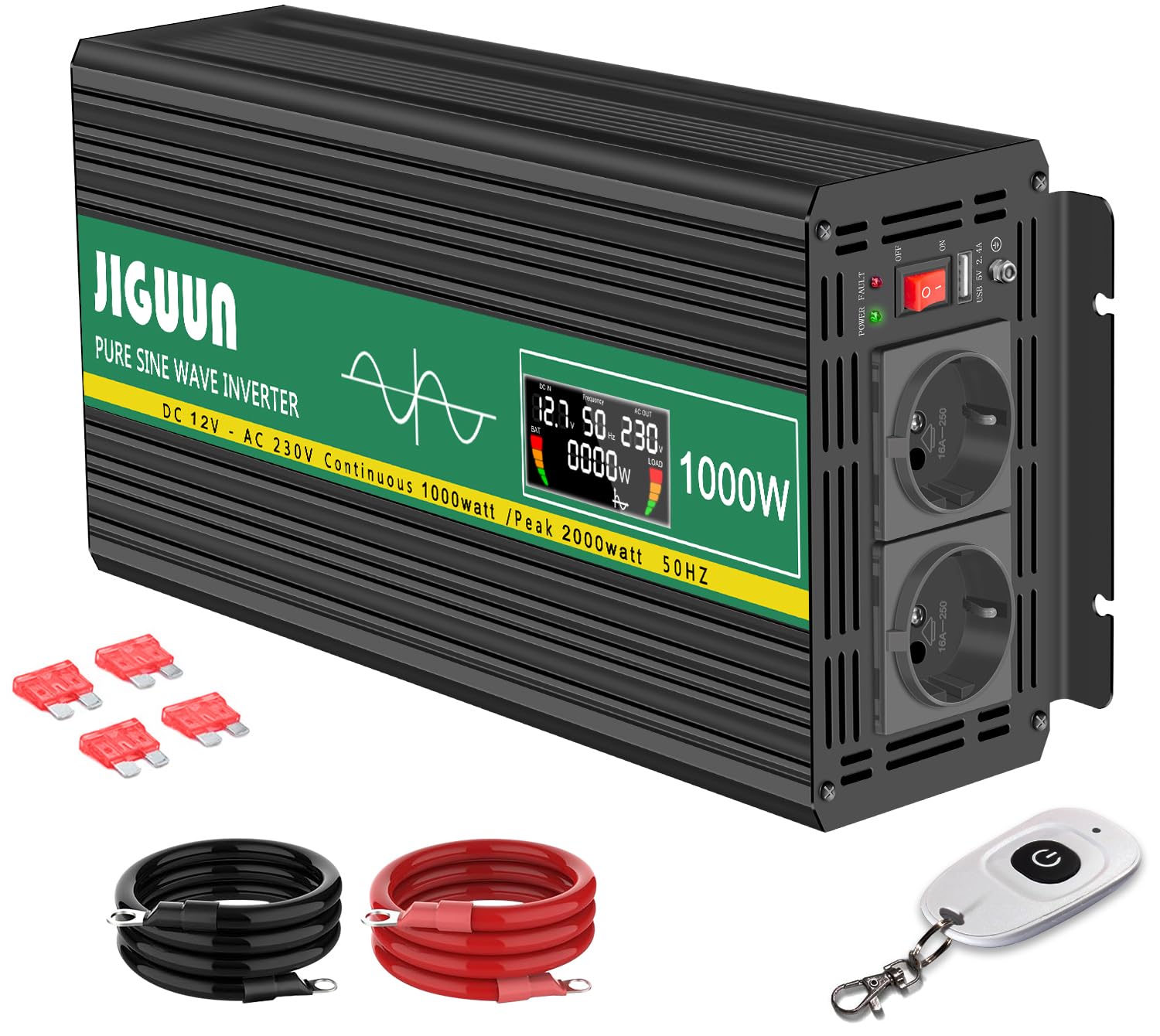 JIGUUN 1000W Convertisseur 12V 220V Pur Sinus Onduleur transformateur Puissance crête 2000W avec Télécommande sans Fil Écran LCD 2 Prises EU 1 Port USB pour Voiture Camping Voyage Urgence