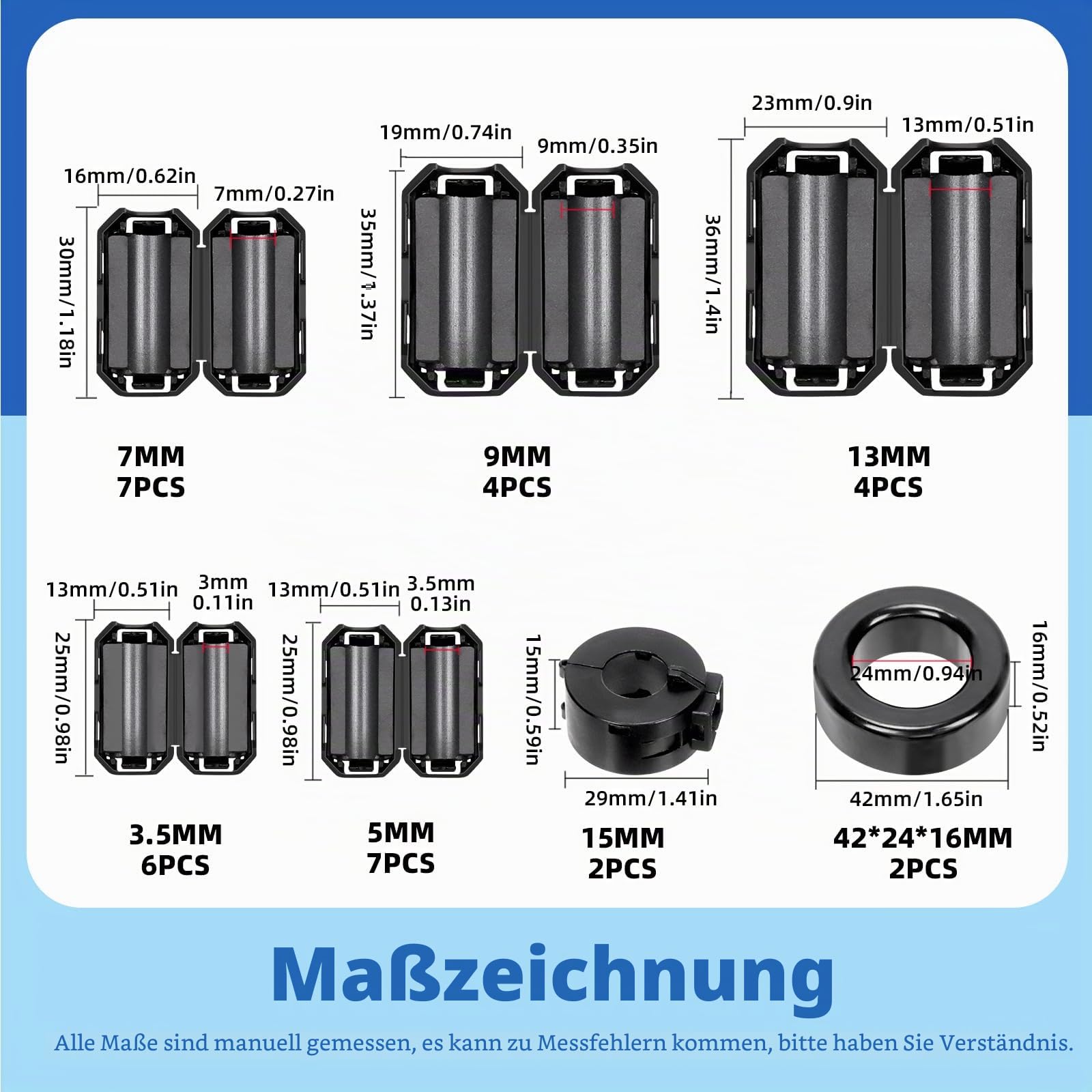 Glarks 32pcs Black Clip-on Ferrit Ring Core Set beinhaltet 3.5/5/7/9/13MM Innendurchmesser Kabelclips RFI EMI Geräuschunterdrücker Kabelclips 42 x 24 x 16MM Toroidkerne 15MM Ferrit Kerne