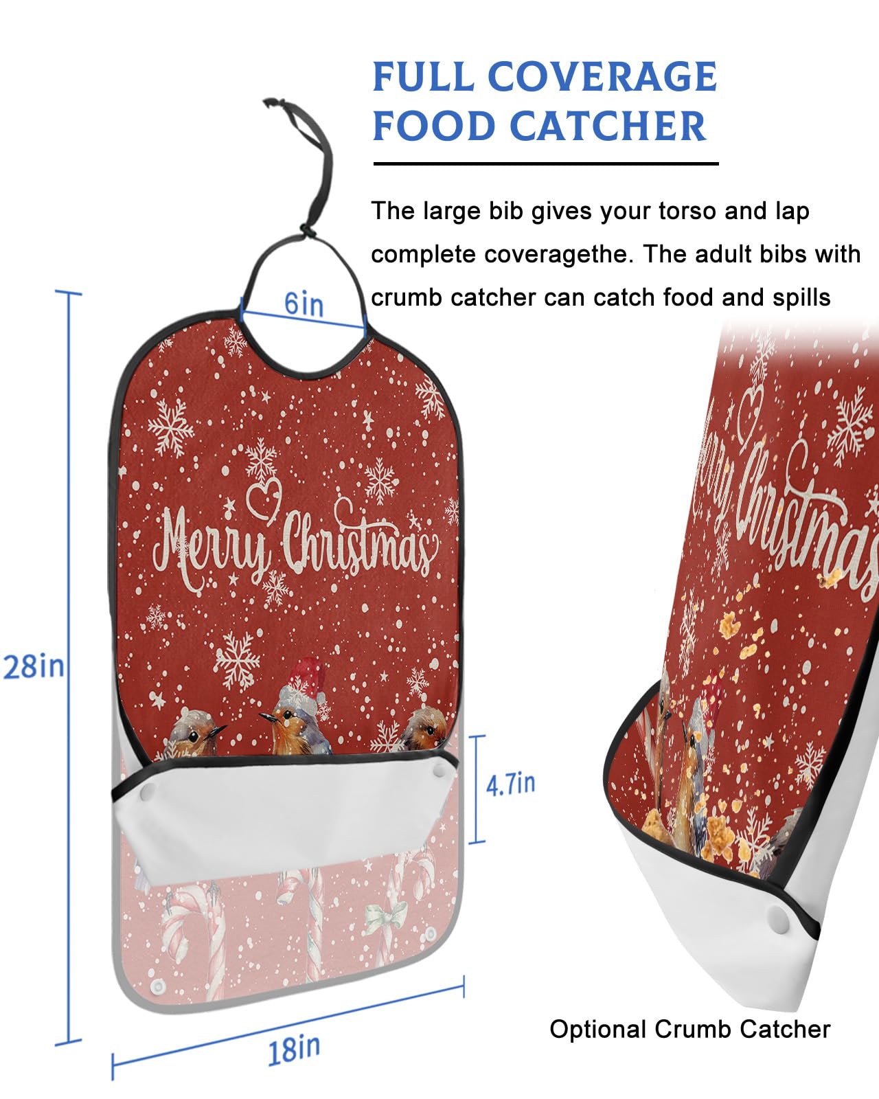 Christmas Birds Adult Bib for Eating with Crumb Catcher, Red Winter Rustic Snowflake Washable & Waterproof Terry Cloth Adjustable Elderly Women Men Adult Bibs Funny Apron Reusable Clothing Protector