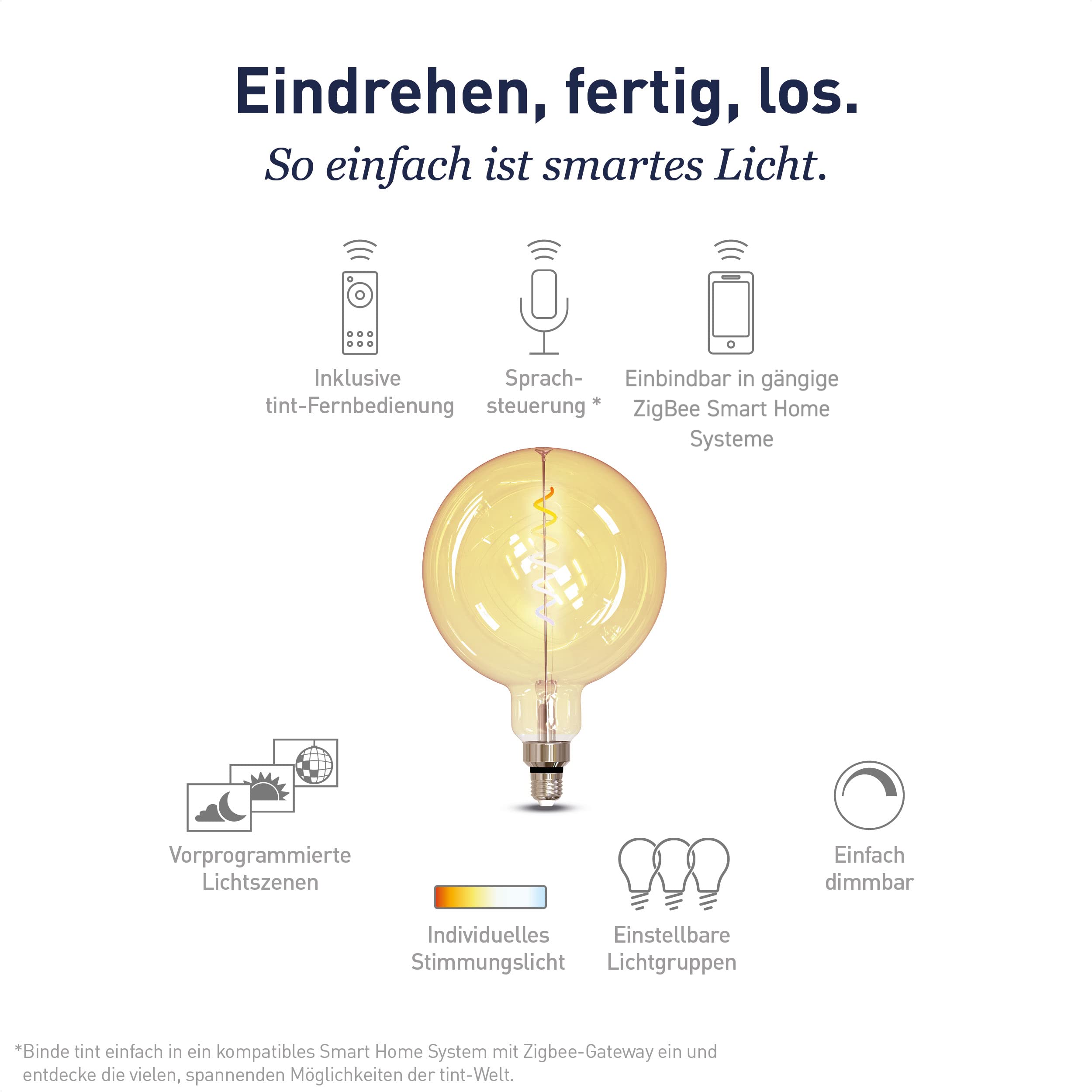tint Smarte LED-Globe Retro Gold XXL E27 – Steuerbar per Alexa oder Fernbedienung – Dimmbare E27 Glühbirne mit weißem Licht (1800-6500 K), 4,9 W