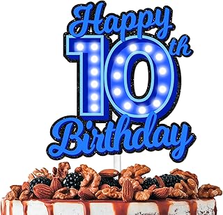 Blue Glitter Happy Birthday 10th Cake Topper Letâ€™s Glow Crazy Party Theme Decoration Supplies Men Women Happy Birthday 10 Anniversary Party Decor Supplies