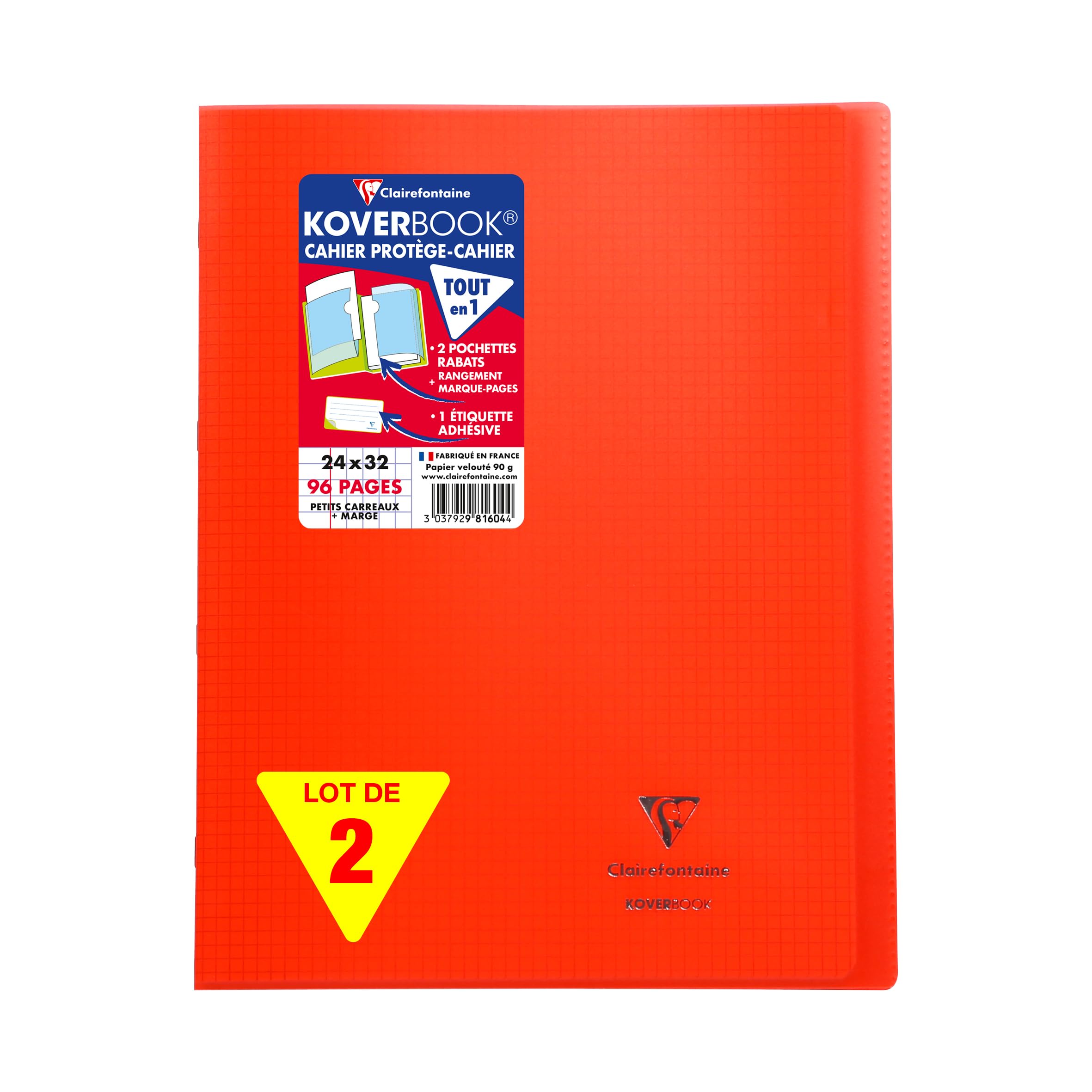 Clairefontaine 981644AMZC - Set of 2 Stapled Notebooks Koverbook Red - 24x32 cm - 96 Pages Small Squares with Margin - White Paper 90 g - Polypro Cover