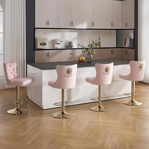 Miniatura 83 de Juego de 4 taburetes de bar giratorios ajustables de terciopelo con respaldo copetudo, ribete de cabezas de clavos y anillo de tracción, sillas de