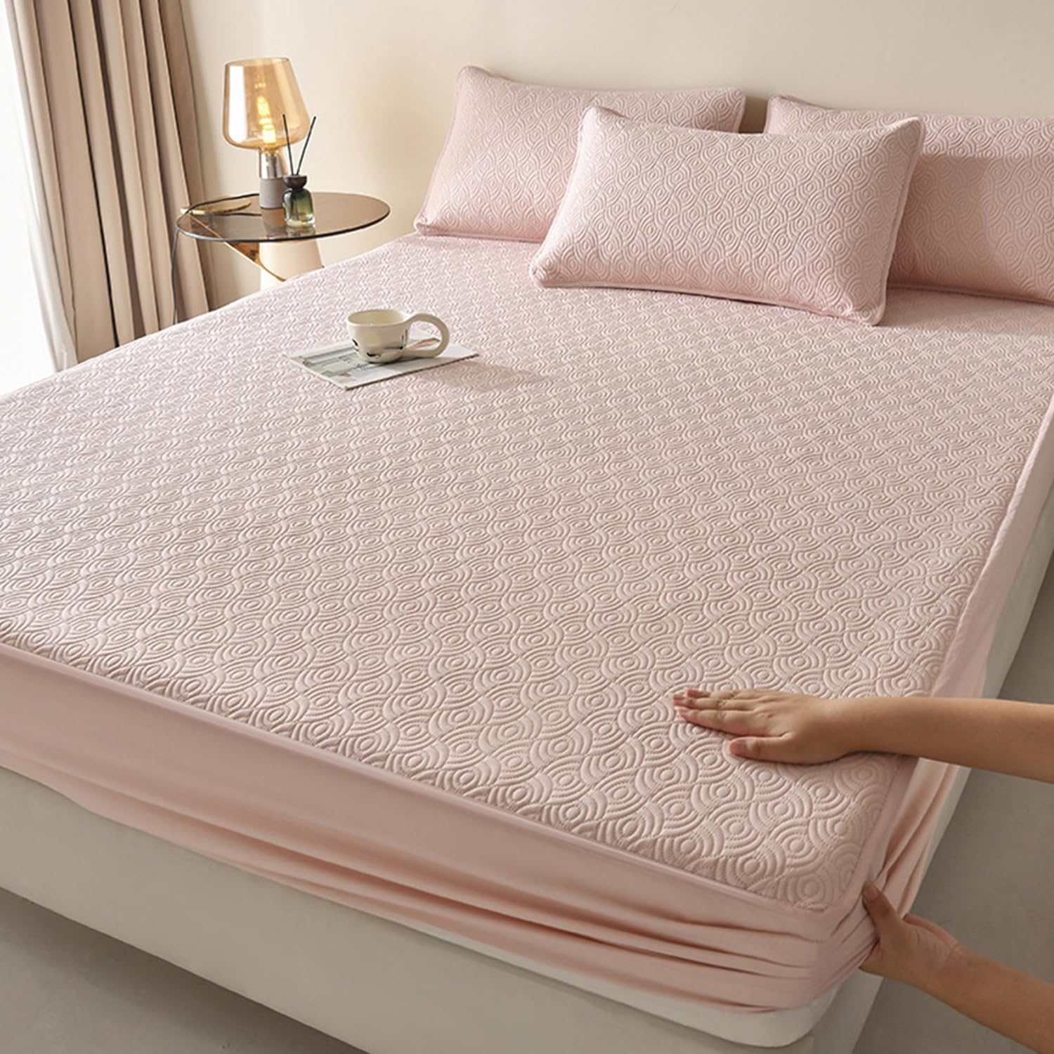 LDLCYCN ,pink,150 * 200cm/QUEEN, Waterproof Mattress Protector Queen King Size Mattress Cover Fitted Sheet