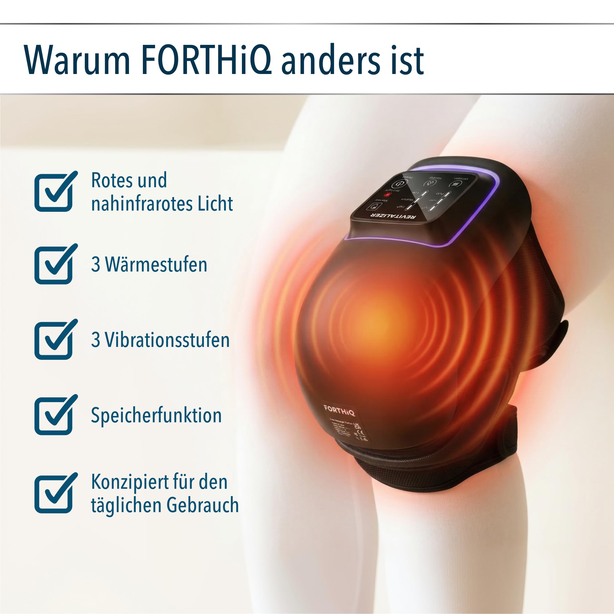 FORTHiQ Knie-Massagegerät mit Infrarot Duallicht, 6-in-1, Arthrose Hilfe, 4-stufige Wärme & Vibration, merkt sich Ihre Wohlfühl-Einstellungen, Wellness Geschenke für Frauen und Männer