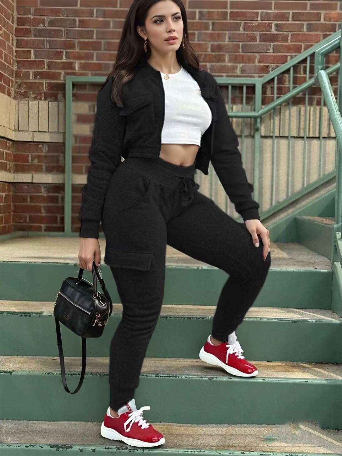 Womens 2 Piece Outfits Tracksuits Zip Up Crop Tops Sweatsuit Long Sleeve Jacket Stacked Jogger Cargo Pants Set with 6 Pockets - Image 2