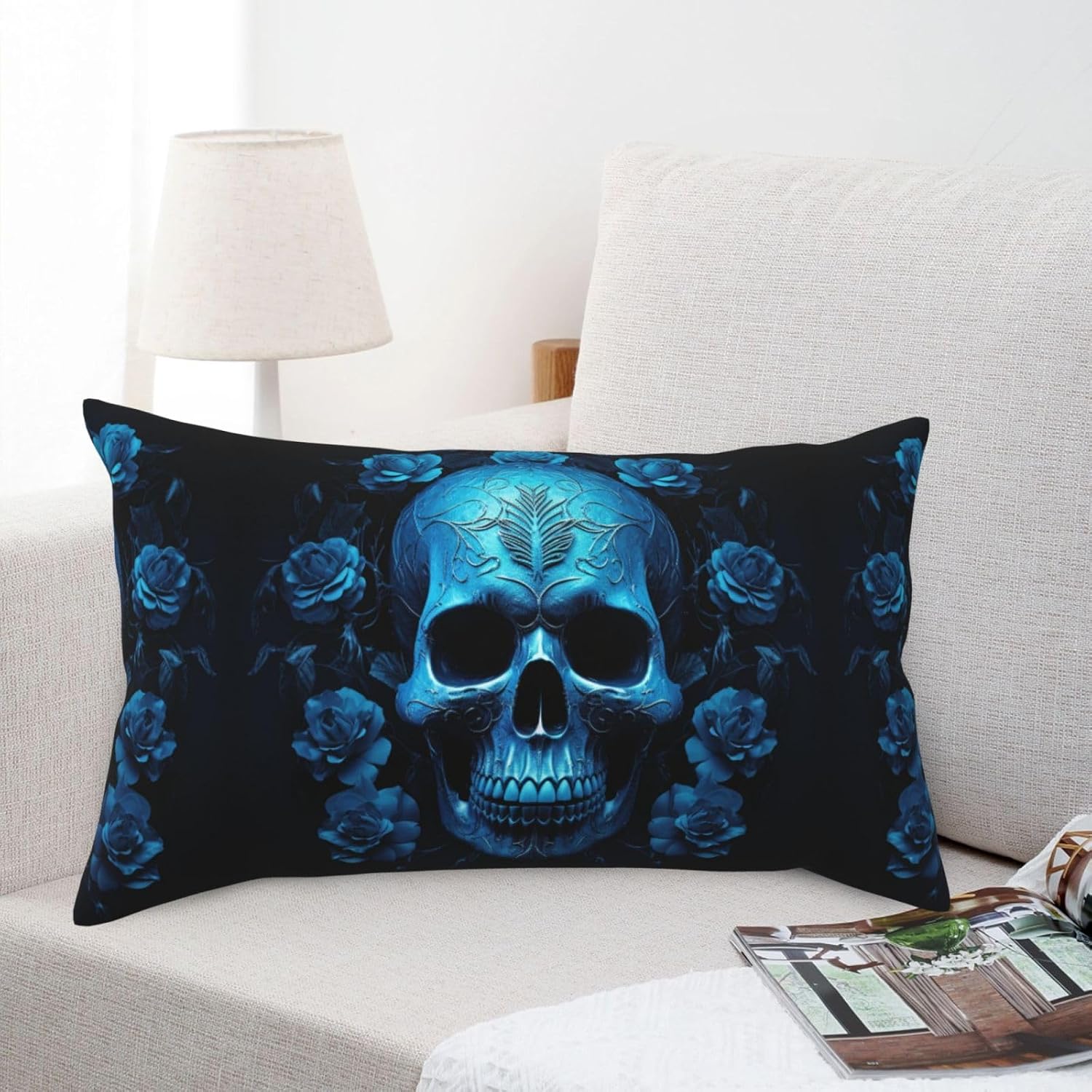 Skull with Blue Rose Luxury King Pillowcases Set of 2, Plush Velvet Feel Pillow Covers with Hidden Zipper, Skin & Hair Friendly, 20x36 Inches Pillow Cases for Sleeping Gift