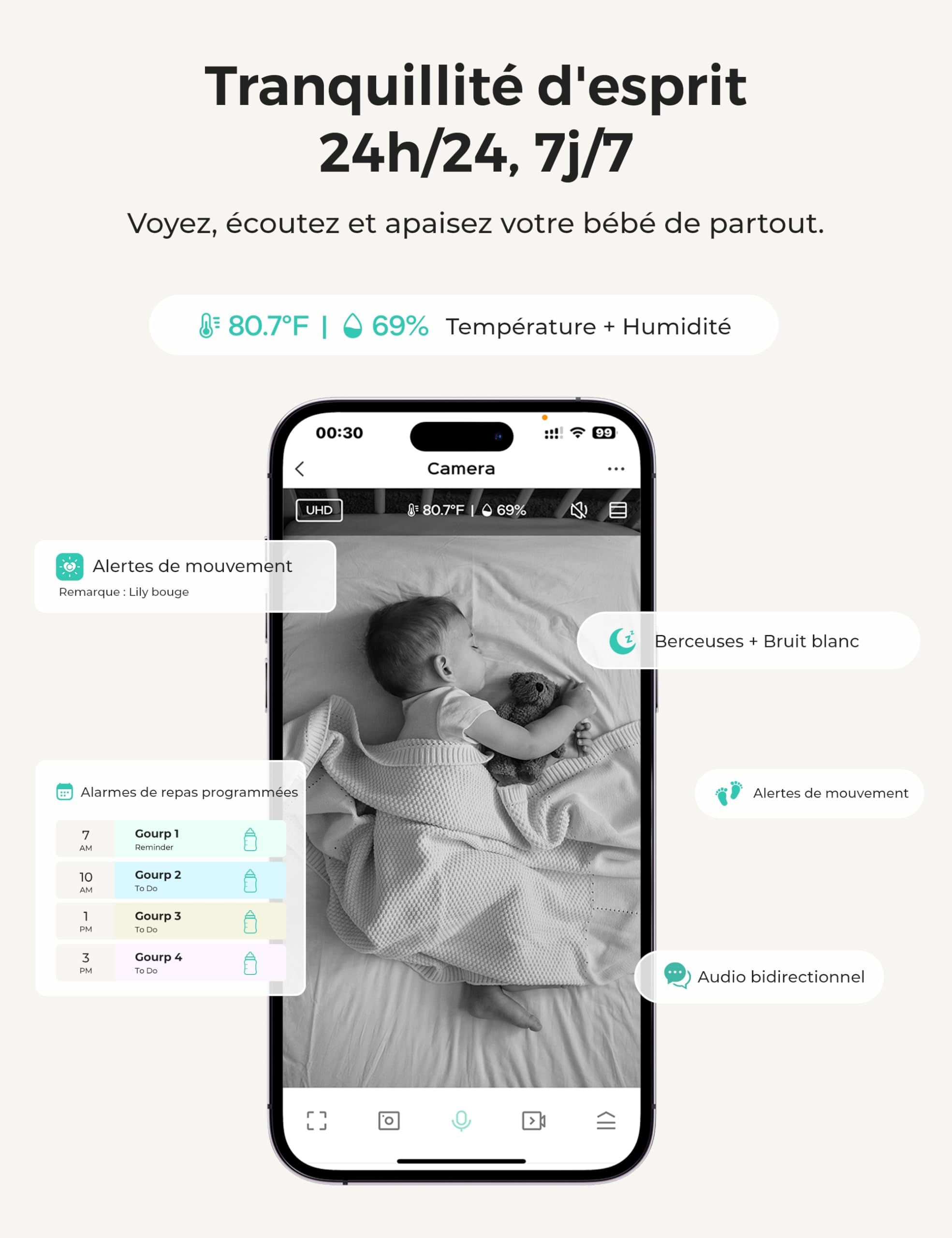 Dr.Care VistaView Lite Smart WiFi Baby Monitor et 2 Caméras, écran 4” 720P, Caméra 1080P, Appli, Aertes Mouvement, Vision Nocturne, Batterie 3000mAh, Audio Bidirectionnel, Portée 390m.