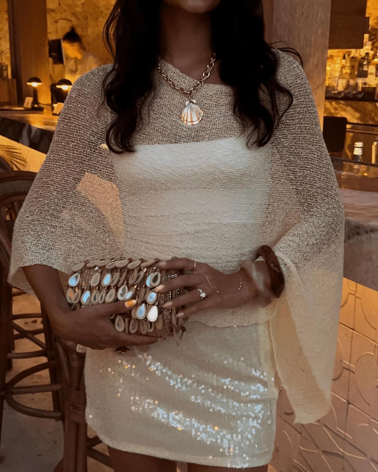 Moss Rose Women's Sheer Poncho Lightweight Knit Crochet Cover Up Batwing Sleeve Shrug Bolero Mesh Top Beachwear Sweater - Image 5