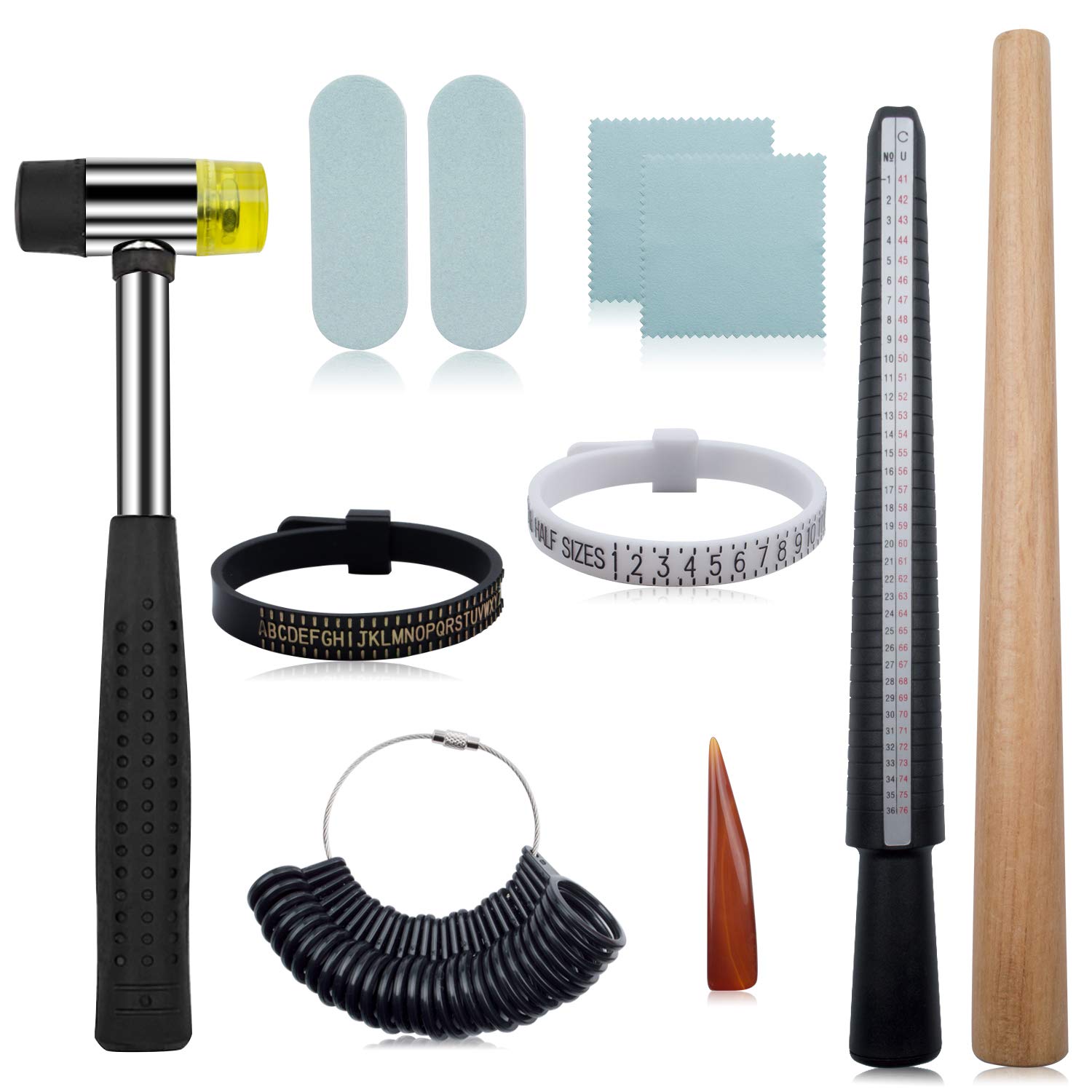 11 PCS Ring Mandrel Set, Ring Sizer Measuring Tool, Include Ring Size Adjusters, Plastic Ring Sizer Gauge, Rubber Jewelry Hammer and Jewelry Cleaning Cloth, Steel Ring Mandrel for Jewelry Making