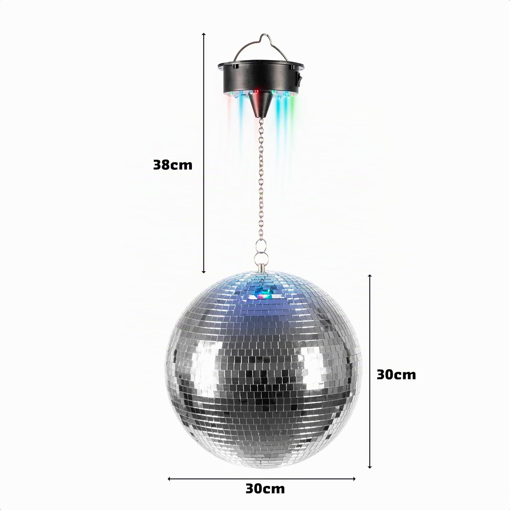 Ibiza - DISCO1-30 - Sfera sfaccettata di 30 cm di diametro con base a 18 LED e catena di 20 cm - Alimentazione a batteria