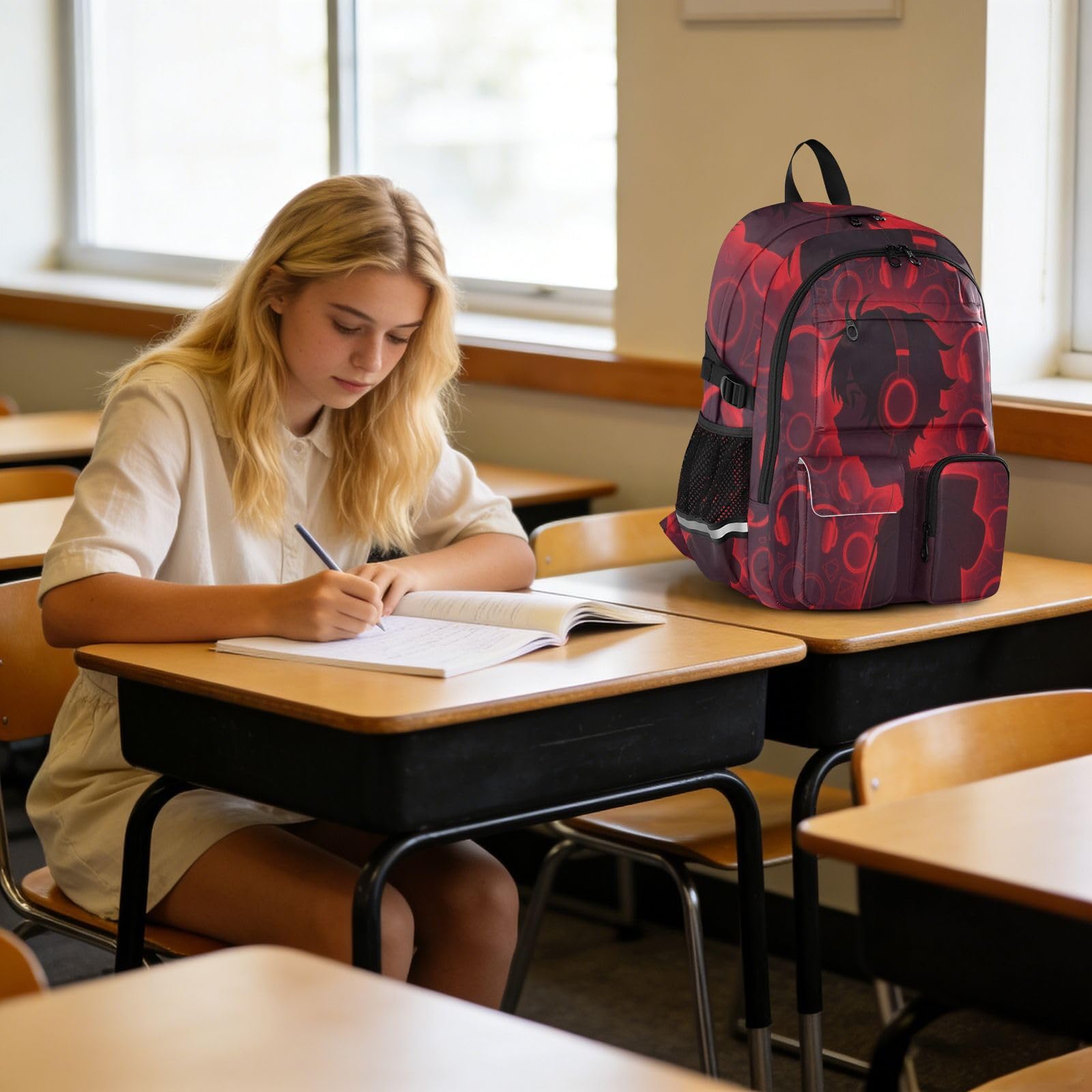 Zaini da viaggio per computer portatile, con motivo anime, con cuffie, colore rosso, 44,5 cm