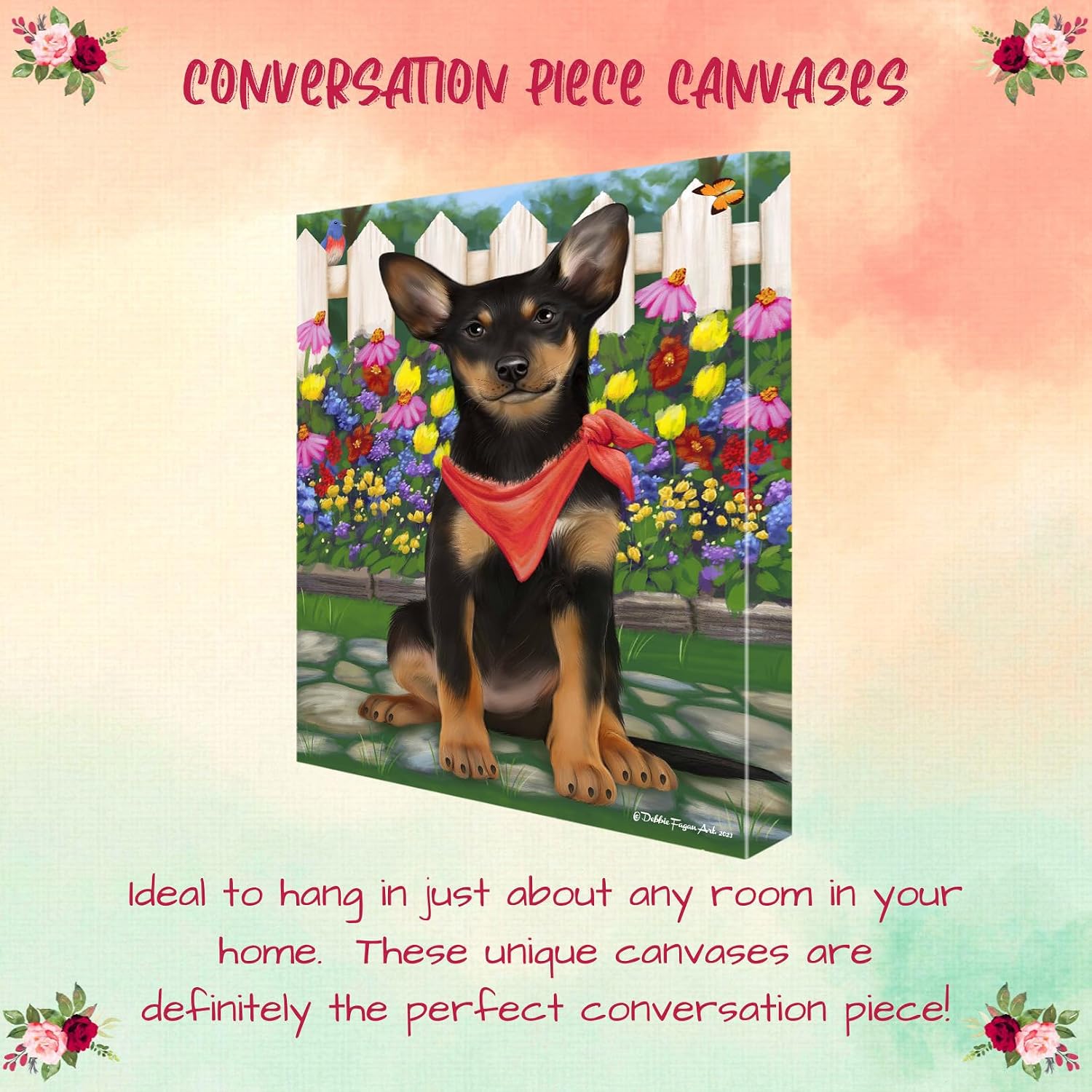 Doggie of the Day Spring Floral with Australian Kelpie Dog Canvas Wall Art - Premium Quality Ready to Hang Room Decor - Flat Rolled 11" x 14"