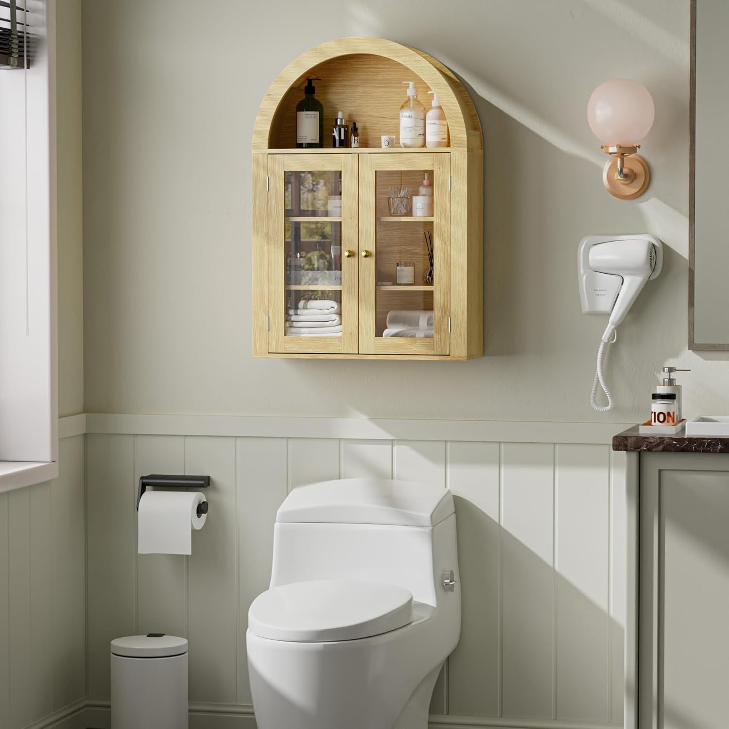 BREEZEHEAT Arched Medicine Cabinet with Glass Doors, Adjustable Shelf, Wall Mounted Bathroom Storage Cabinet Over Toilet, Natural Oak Wood Grain, 23.6''W × 31.5''H