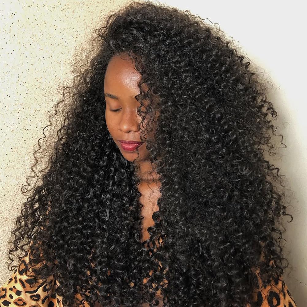 Kinky Curly Half Wig Human Hair 180% Density Wear Go Glueless Wigs Human Hair Curly 3 In 1 Half Wigs for Women Drawstring Seamless Flip Headband Wig Beginner Friendly (Natural Color, 28inch)