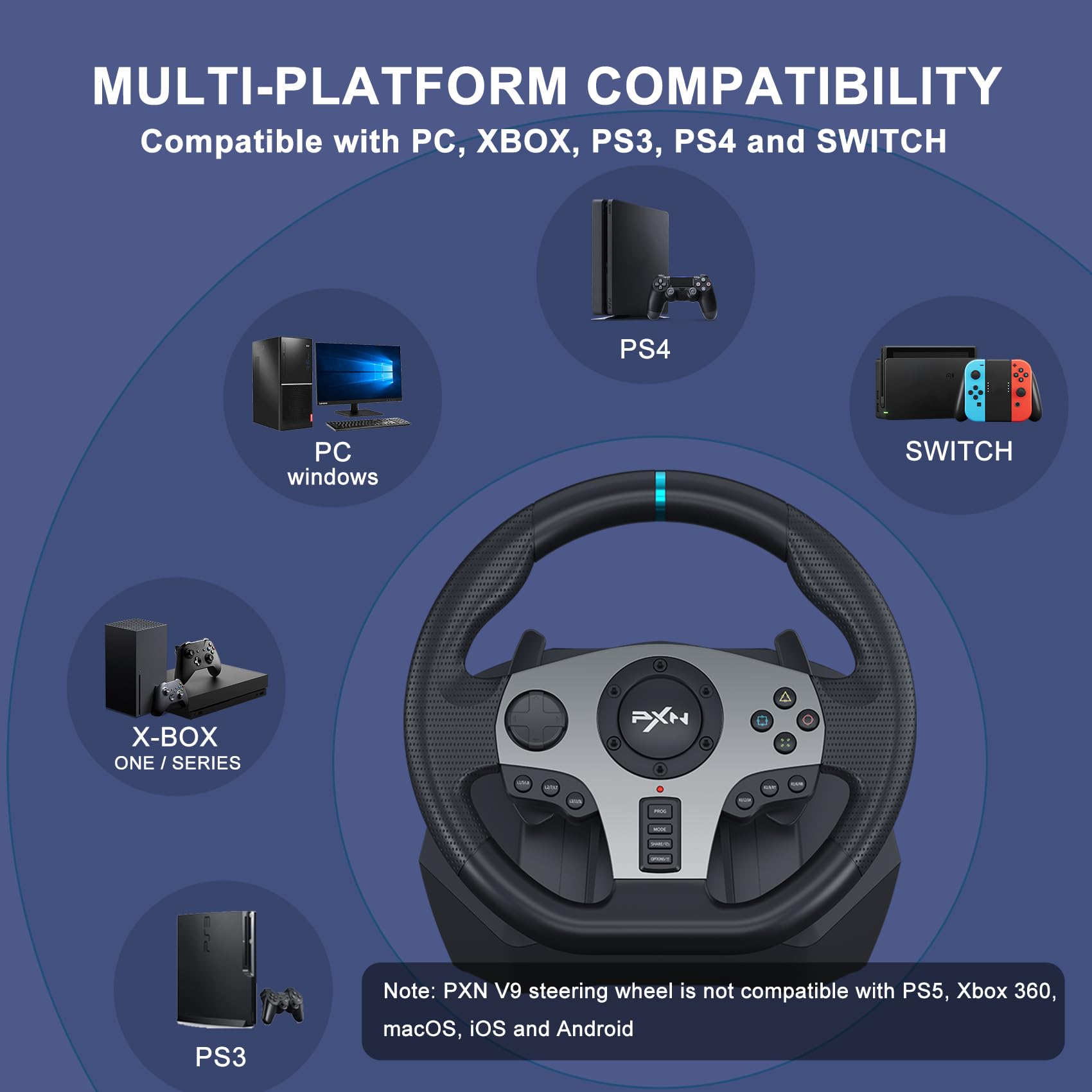 PXN V9 Volant de Jeux avec Pédales et Levier de Vitesses, 270/900° Volant de Course, Retour de Vibratoire pour PS4, Xbox One, Xbox Series X&S, PC, PS3, Switch