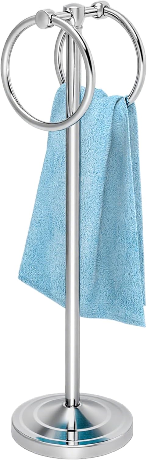 18" Hand Towel Holder Stand, Stainless Steel Free Standing Towel Rack Bar,Double Ring Towel Hanger with Weighted Base, Towel Hardware for Bathroom Vanity Kitchen Countertops(Brushed Gold)
