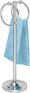 18" Hand Towel Holder Stand, Stainless Steel Free Standing Towel Rack Bar,Double Ring Towel Hanger with Weighted Base, Towel Hardware for Bathroom Vanity Kitchen CountertopsChrome