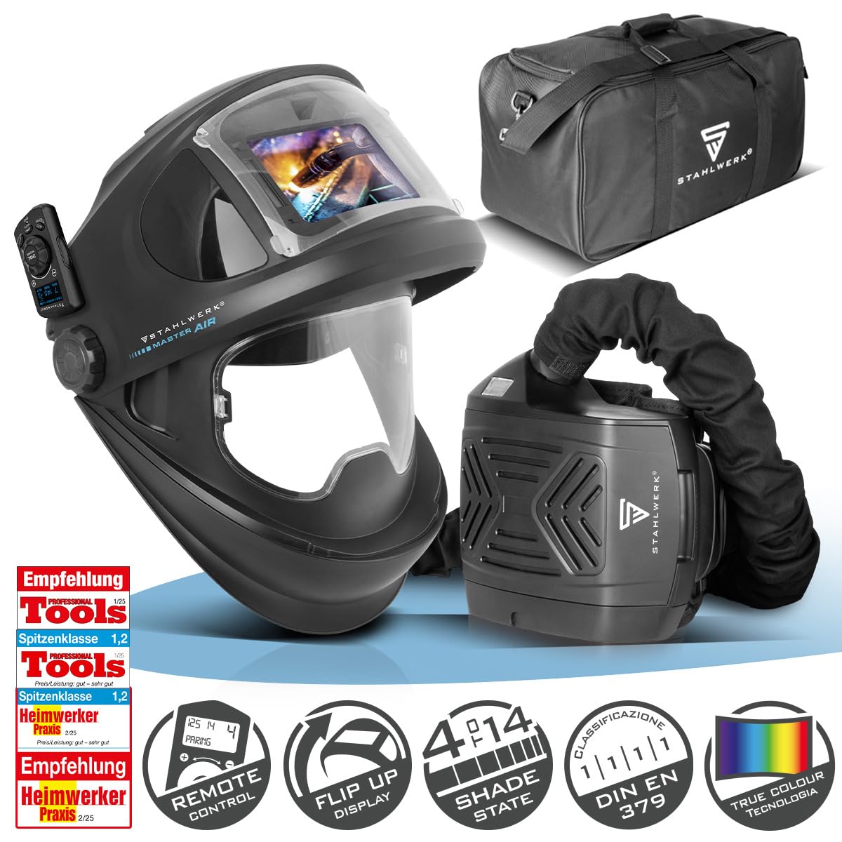 STAHLWERK Casco per saldatura automatico 3 in 1 Master Air, casco per saldatura con aria fresca, controllo di funzionamento tramite Bluetooth, riproduzione dei colori True-Colour, oscuramento da DIN 4