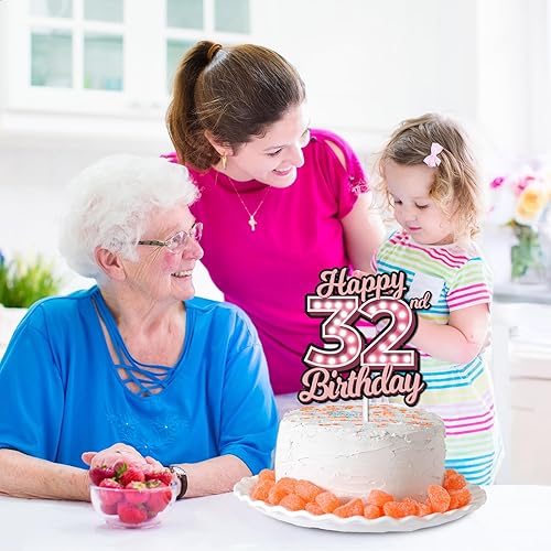 Miniatura 6 de Decoración para pastel de cumpleaños número 32 con purpurina rosa Let's Glow Crazy Party Theme Decor Supplies para hombres y mujeres, feliz