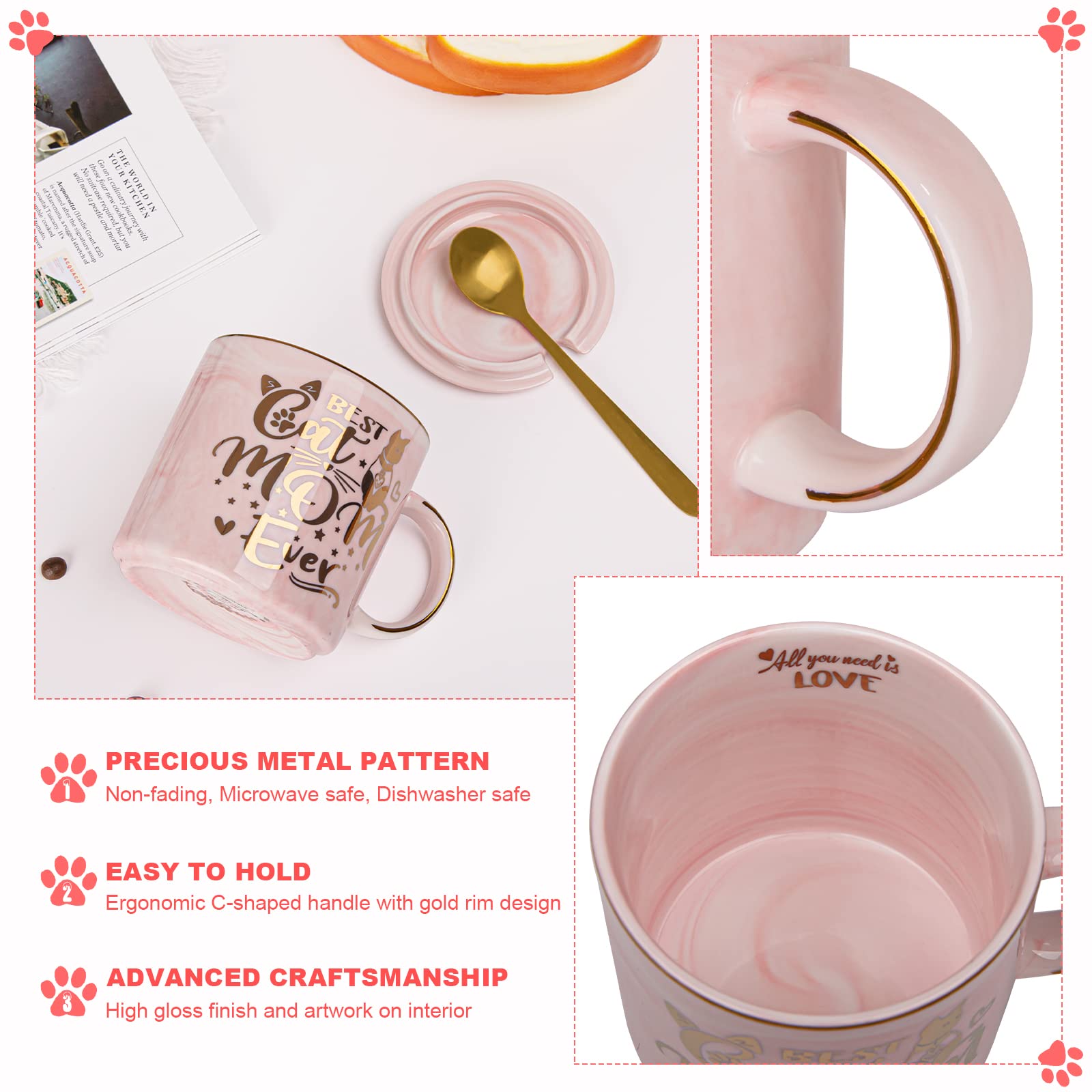 Cat Mom Gifts for Women, Cat Gifts for Cat Lovers - Best Cat Mom Ever - 14oz Pink Ceramic Marble Gold Pattern Coffee Mug with Gift Box, Christmas gifts for Crazy Cat Lady, Mom Wife Daughter Friends