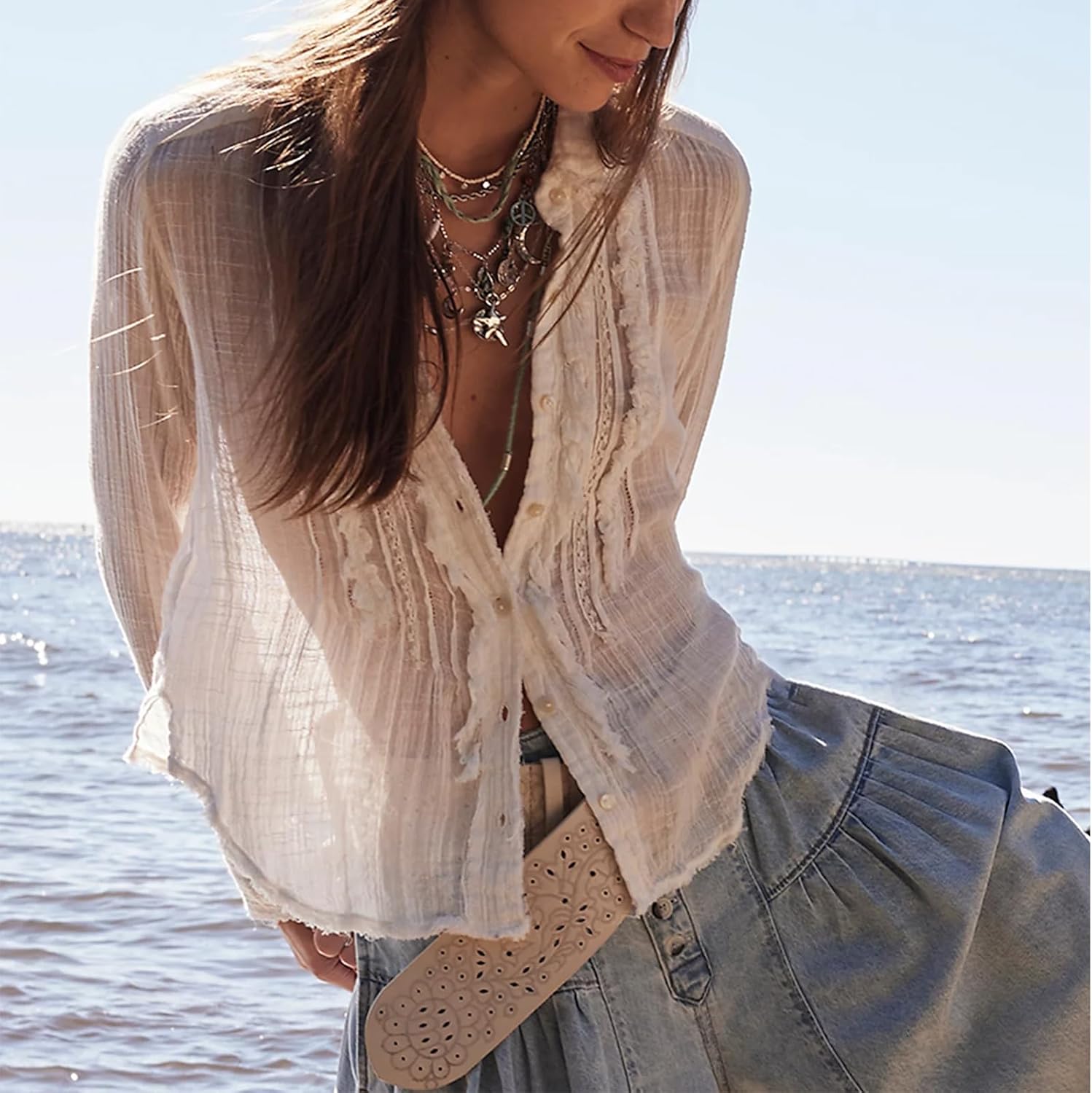 Womens Flowy Bow Front Tie Top Y2k Long Sleeve Peplum Ruffle Lace Trim Shirt Sheer V Neck Beach Lightweight Blouse - Image 3