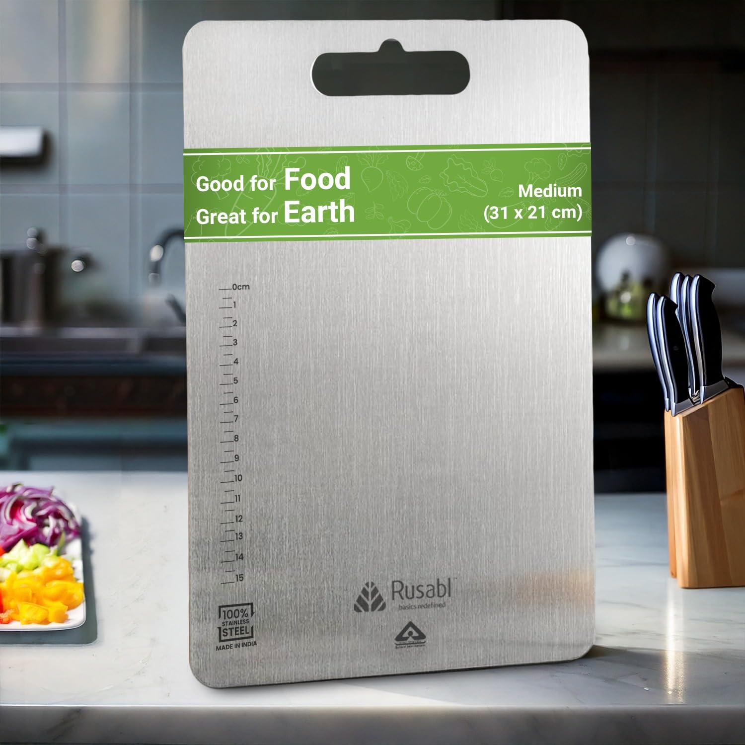 Rusabl Premium Food Grade Stainless Steel Chopping Board for Kitchen (Rectangular, 31 x 21 cm, Medium), BIS Certified, Anti-Rust, Non-Slip Cutting Board for Slicing Fruits, Vegetables, Kneading Board