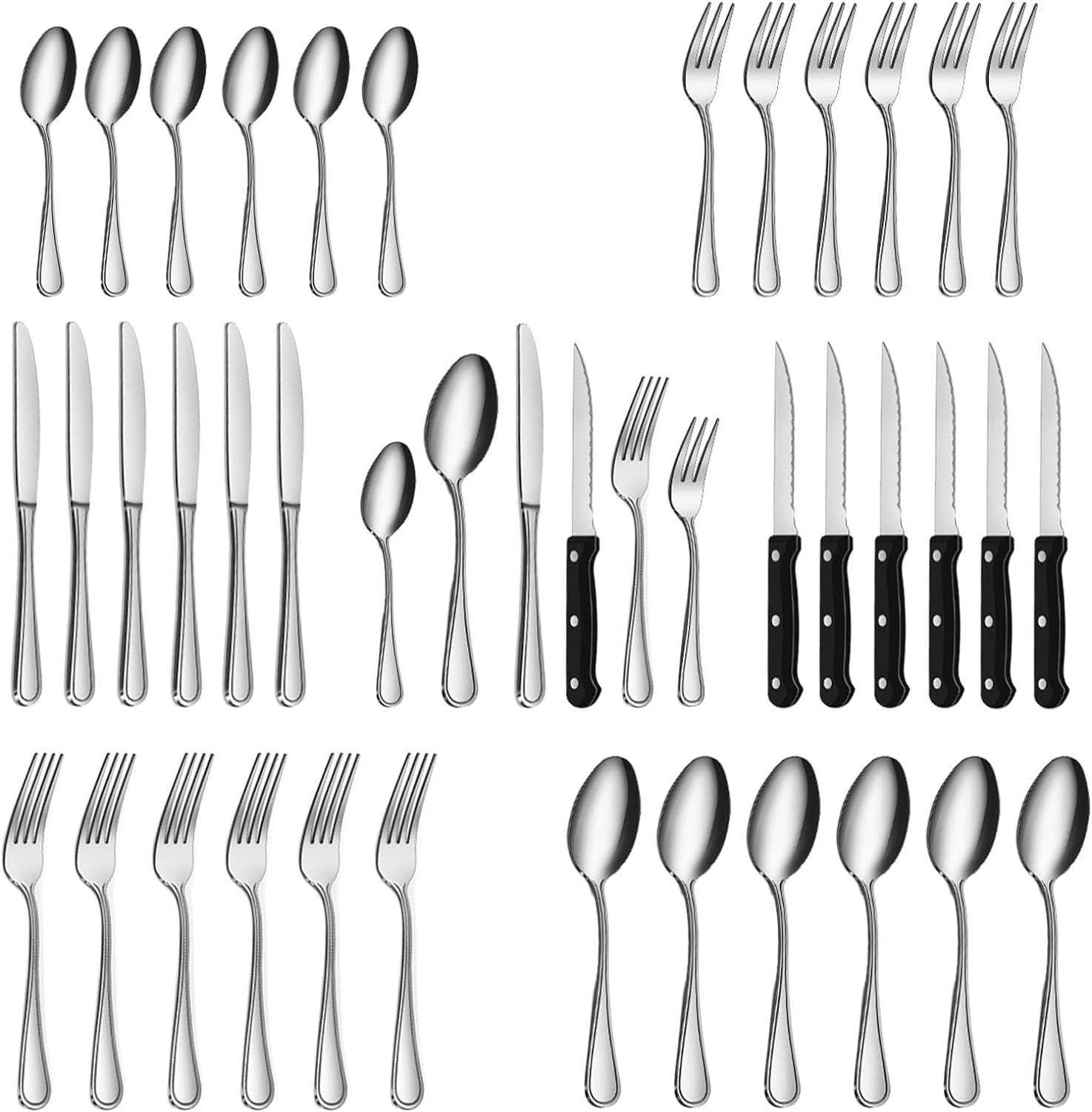 Besteck Set, 36 teiliges Edelstahl Besteck Set für 6 Personen, Hochglanzpoliert Besteckset mit Steakmesser, Messer Gabel Löffel, Spülmaschinenfest