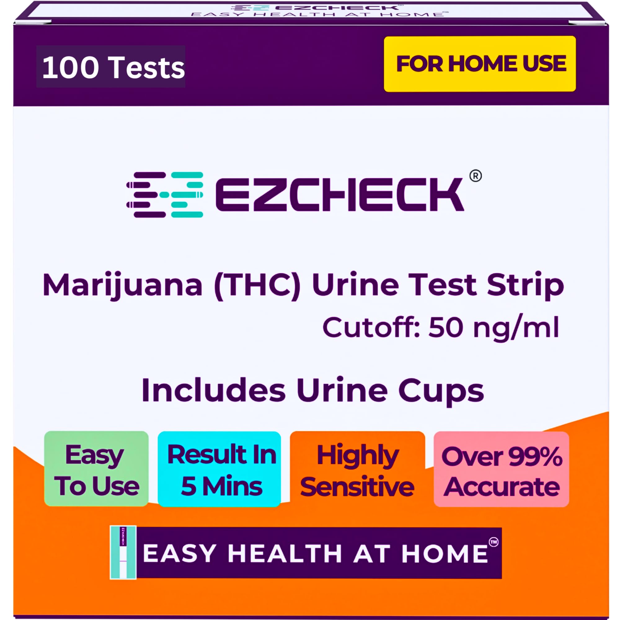 [100 Tests] EZCHECK® Highly Sensitive at Home Marijuana Drug Test Strip, THC Urine Drug Test, Easy Home Drug Test, 50 ng/ml - Fast Result in 5 mins - FSA/HSA Eligible