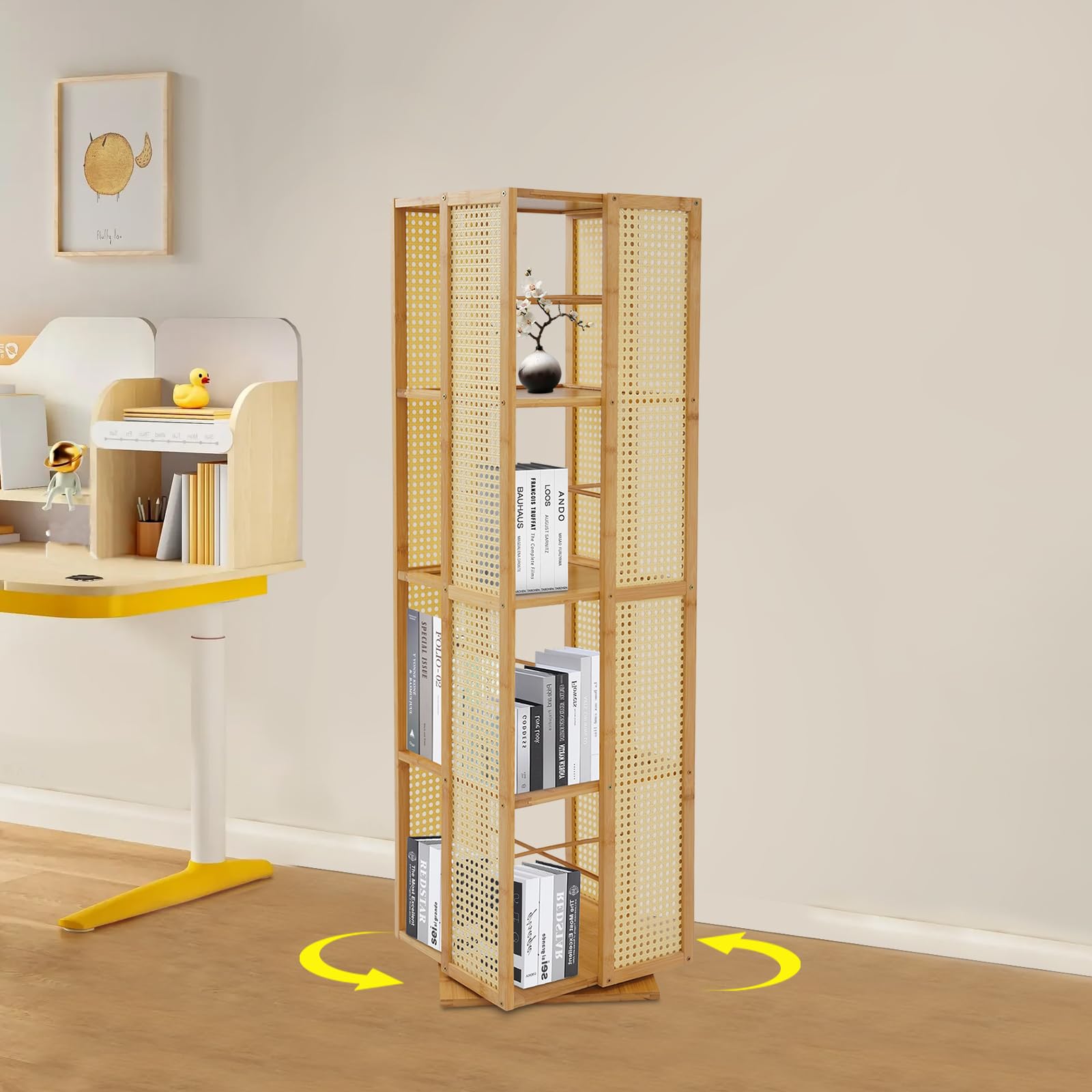 Drehbarer Bücherregal, Bücherturm mit 4 Ebenen, 360° drehbares Standregal aus Bambus, schmales Bücher-Aufbewahrungsmöbel für Wohnzimmer, Büro (Holzfarbe)
