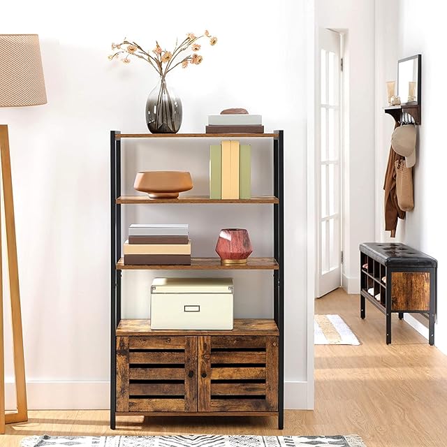 Wooden Steel Industrial Style Book Shelf Cabinet Case Display Rack Unit 2 Door Floor-Standing Storage Cabinet Cupboard 2 Louvred Doors and 3 Shelves, Bookshelf Home Office, Living Room Multifunctional