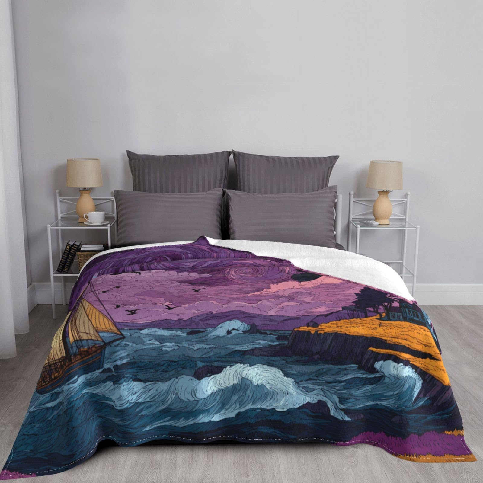 Manta de viaje portátil de 80 x 60 pulgadas, suave, resistente a las arrugas, plegable, exquisita pintura al óleo, estampado de cielo morado