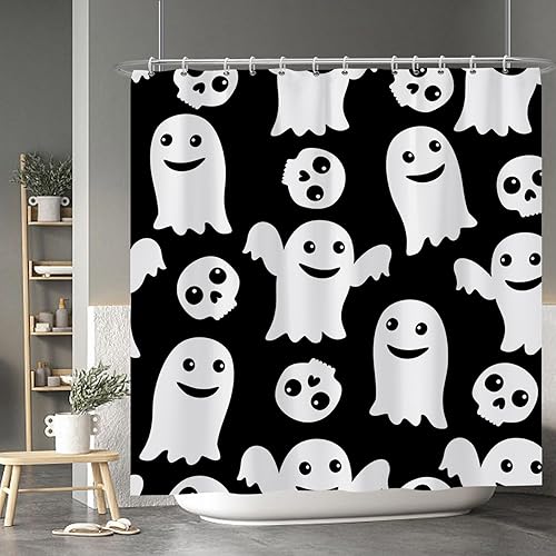 Baocicco Juego de cortinas de ducha de fantasmas de Halloween, encantadores fantasmas de dibujos animados, divertidos trucos o tratos, cortinas de