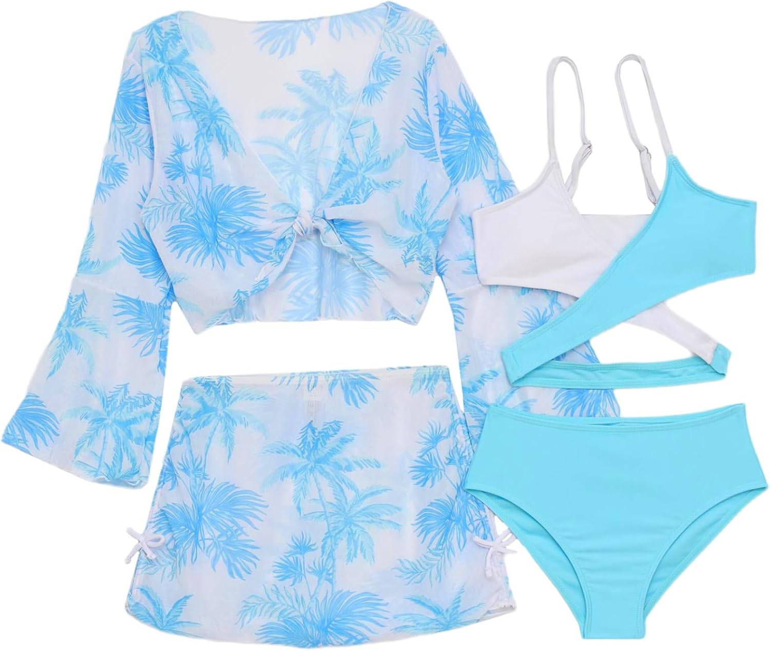 Teen Girls 4 Pcs Swim Cover Up Sets UPF 50+ Wrap Top Skirts Bikini Bra with Brief Swimwear Outfit