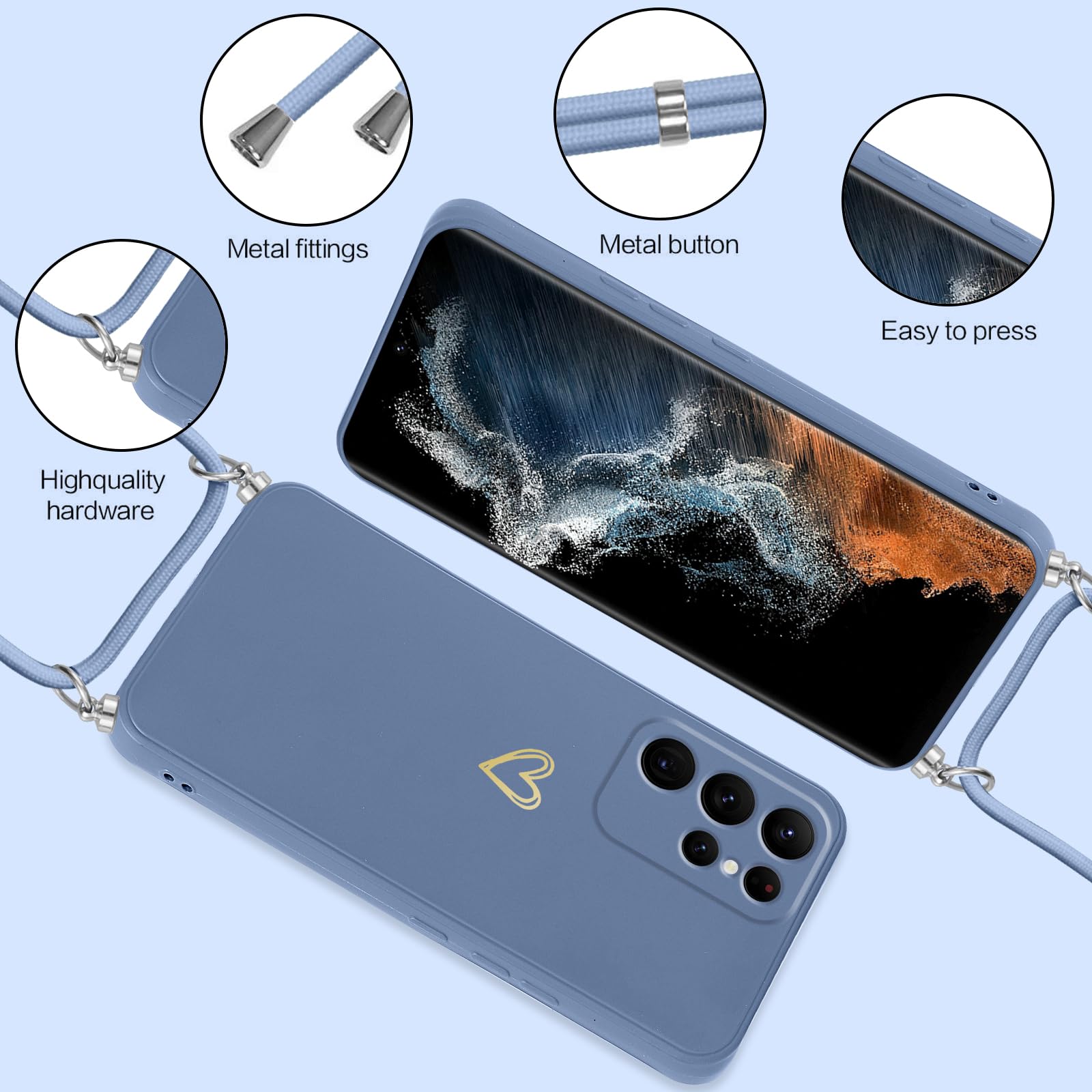 Etui do Samsung Galaxy S22 Ultra 5G ze sznurkiem obrożowym, miękkie etui silikonowe z motywem serca i przenośną smyczą, regulowana, odporna na wstrząsy osłona paska na ramię, niebieska