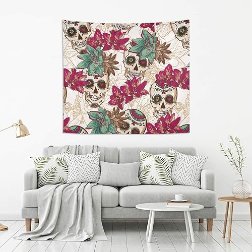 Miniatura 5 de Tapiz de flores de calavera para el día de los muertos, divertido esqueleto humano, púrpura, arte floral para colgar para dormitorio, sala de estar