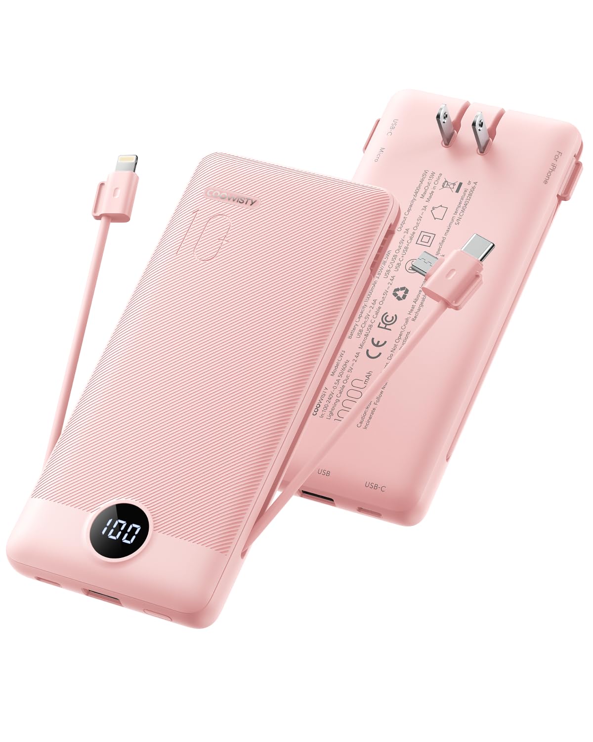 Portable Charger Compatible with iPhone Built-in Cables and Wall Plug USB C Power Bank 10000mAh Slim LED Display