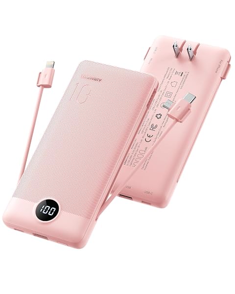 Portable Charger Compatible with iPhone Built-in Cables and Wall Plug USB C Power Bank 10000mAh Slim LED Display