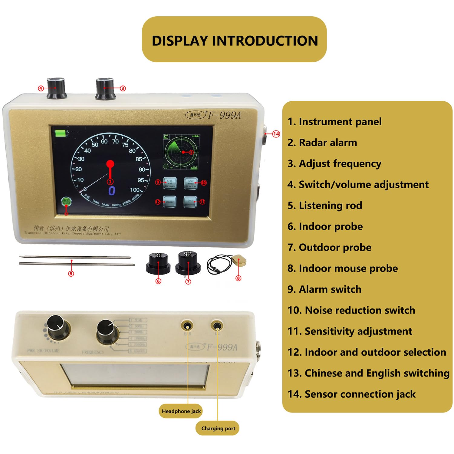 Rilevatore di perdite d'acqua professionale con auricolare, touch screen e sonda per interni ed esterni, ideale per la costruzione e il rilevamento di perdite di condutture